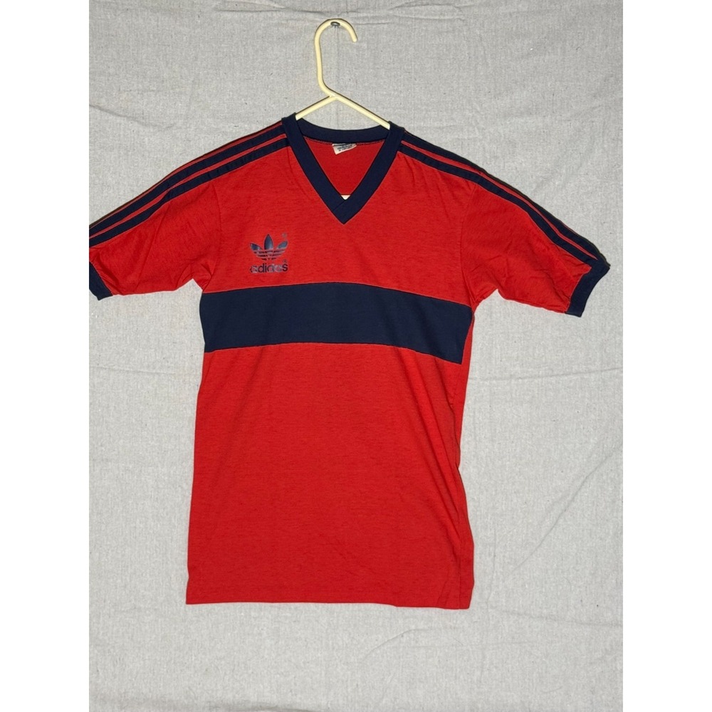 Vintage 70s Adidas Trefoil 3 Stripe V-Neck Shirt Medium 38-40 Red Navy Blue USA